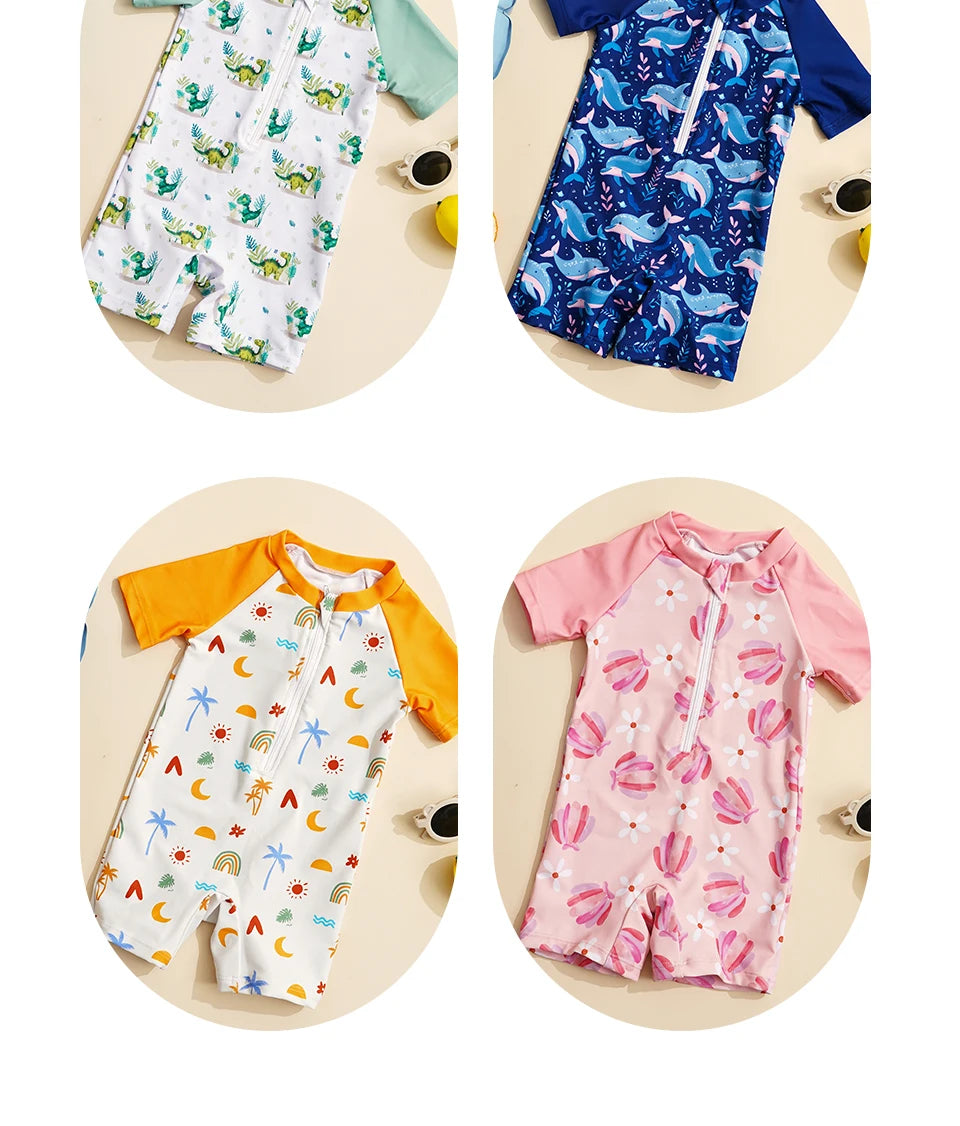 Happyflute Kids Short Sleeve One-Piece Swimsuit Quick Dry Toddler Summer Rash Guard with Shorts ，Sun Protection Suit