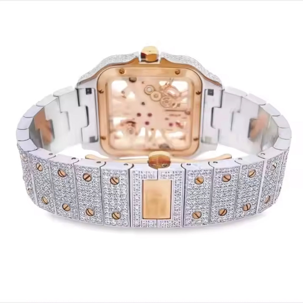 Men's Skeleton Dial Iced Moissanite ETA Quartz Movement Rose Gold Tone Diamond Studded Free Shipping Hip Hop Watch 41mm Diameter