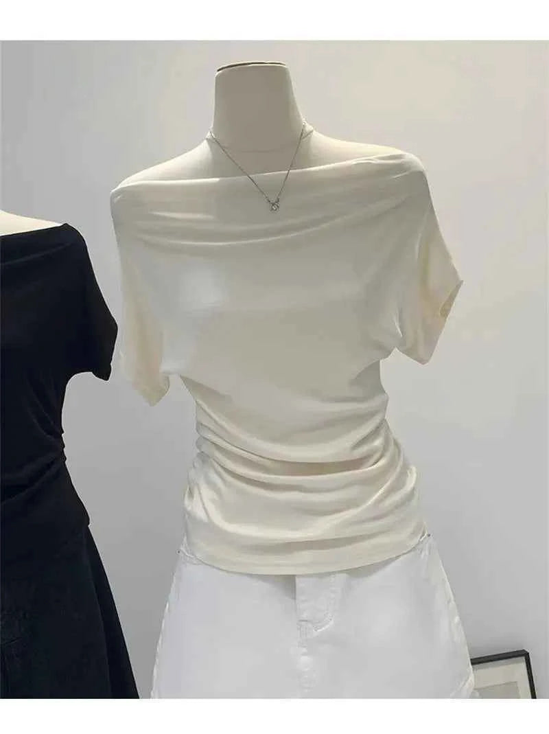 Summer One Shoulder Black Women's T-shirt Short Sleeve Korean Style Slimming Top Exposed Shoulder Fashionable