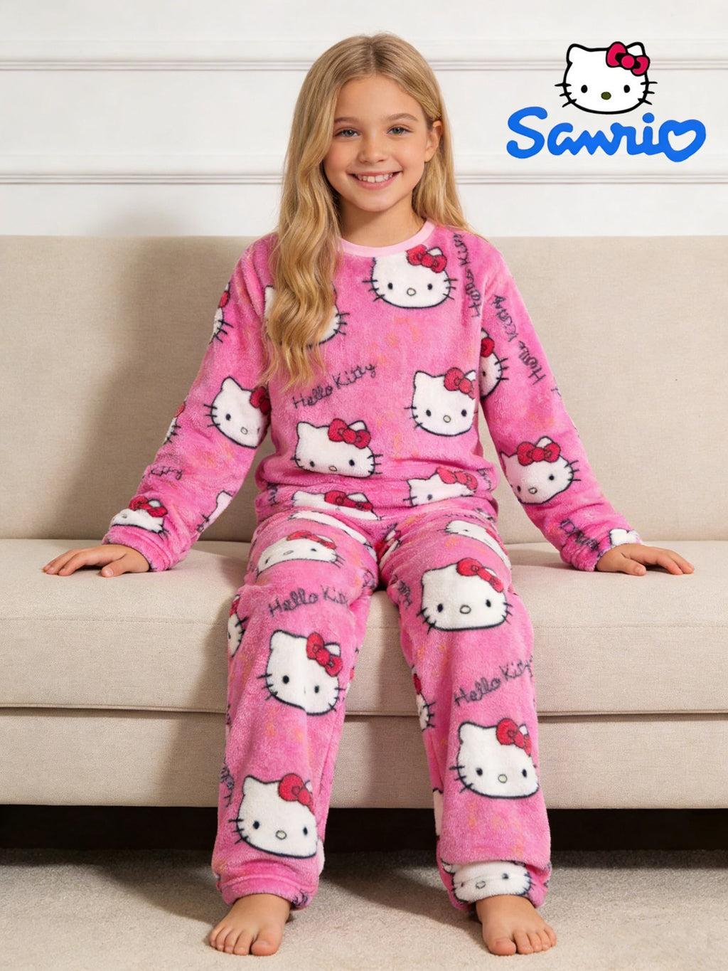 Sanrio girls' sleepwear and pants set for autumn and winter, Hello Kitty long sleeved pants with thick suede for home wear.
