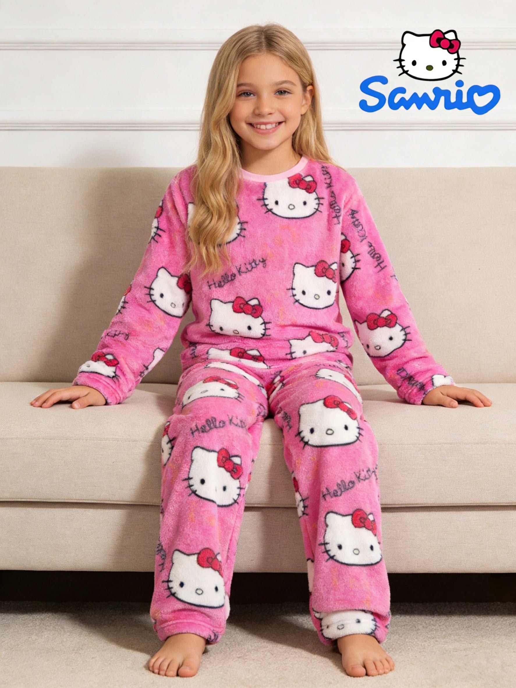 Sanrio girls' sleepwear and pants set for autumn and winter, Hello Kitty long sleeved pants with thick suede for home wear.