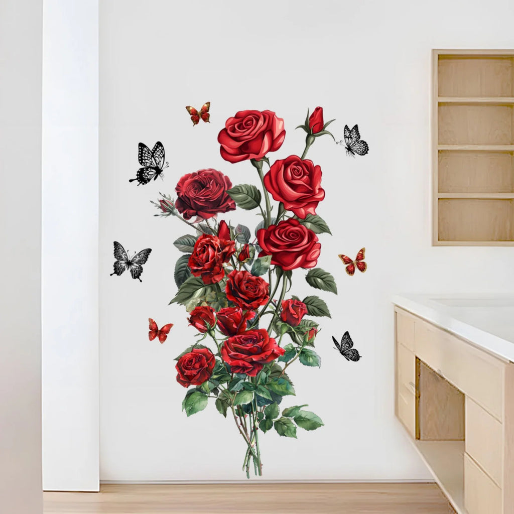 DIY Self-Adhesive Red Rose Wall Stickers For Living Rooms Bedroom Background Wall Decoration Creative Sticker Mural Home Decor
