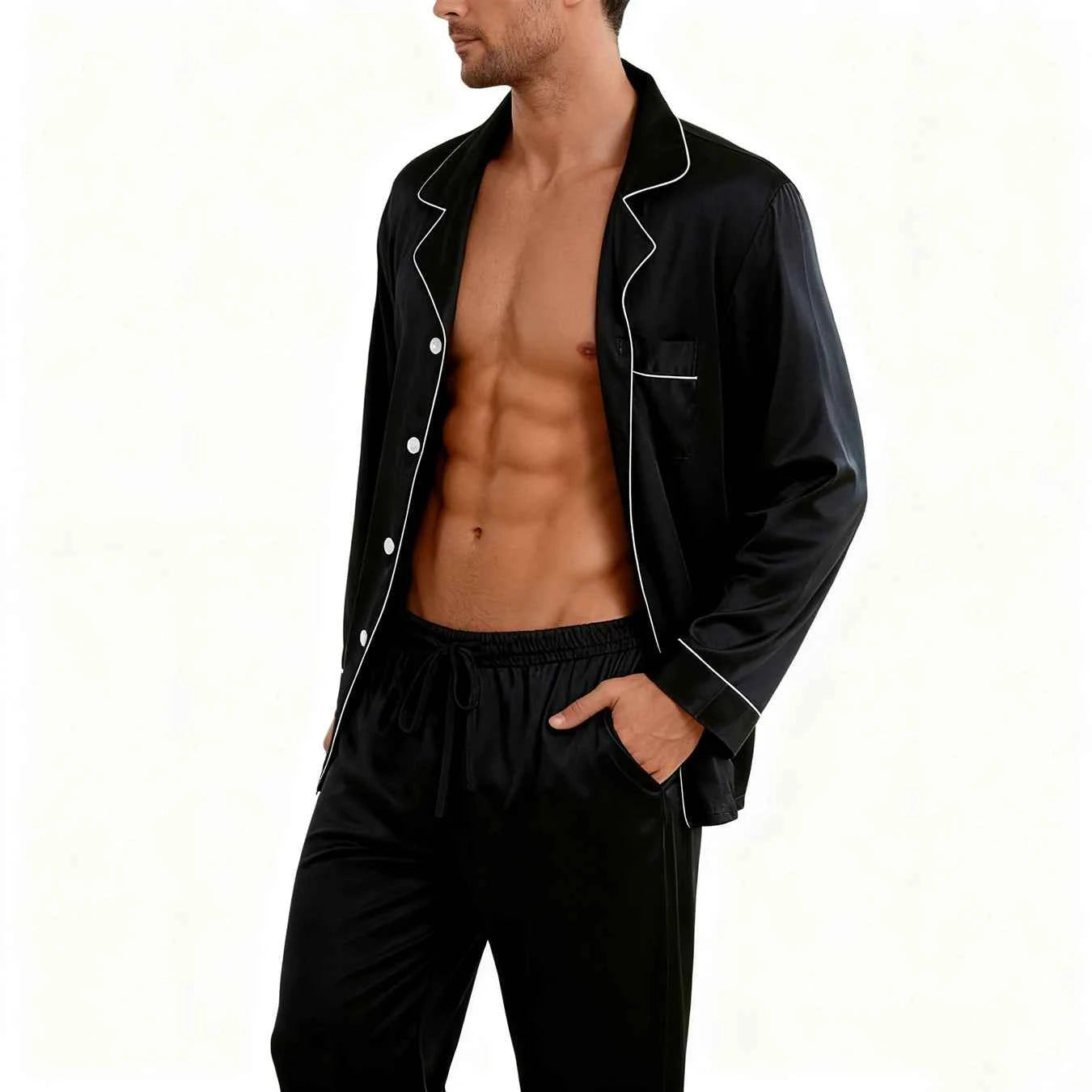 Men's Luxury Pajama Set with Contrast Trim Long Sleeve and Pockets Pants Comfortable Loose-Fit Pajamas for Men Sleepwear Sets