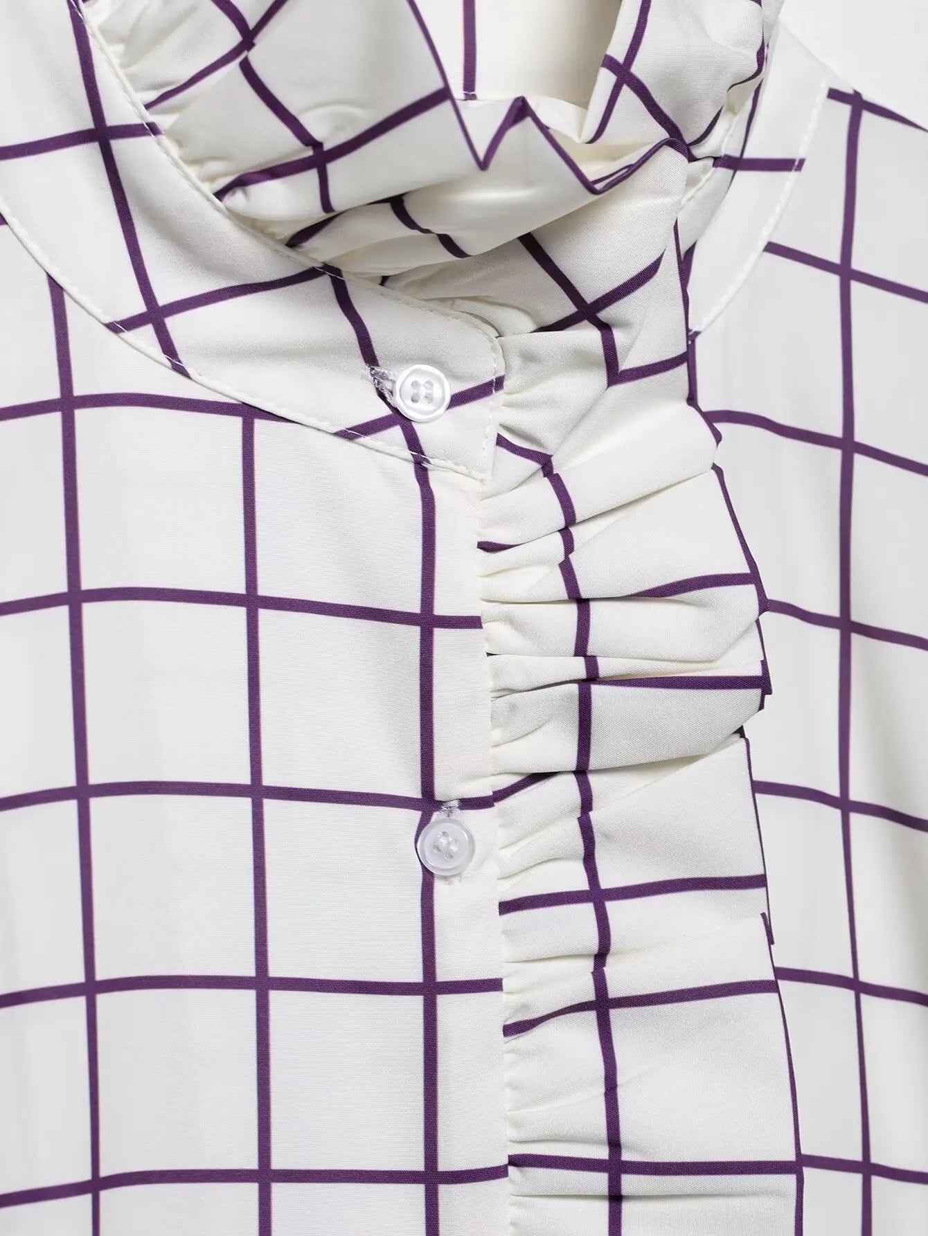 Sweet Women Ruffles Plaid Purple Shirts 2025 Fashion Ladies Casual Stand Collar Blouses for Party Female Elegant Tops Clothes