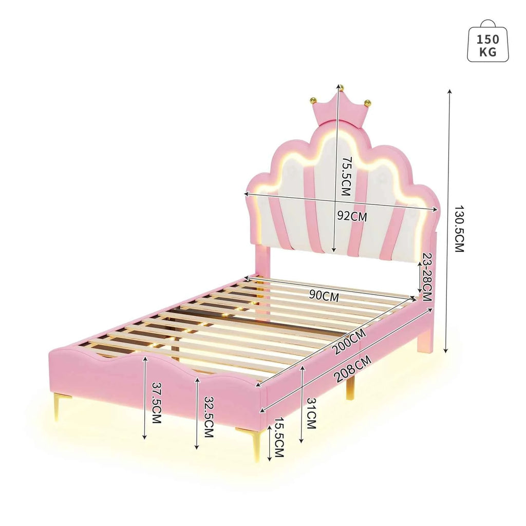 Comanlai Children's Bed  90x200cm with LED Light and Crown-shaped Headboard,Upholstered Bed with Slatted Frame,PU Leather,Pink