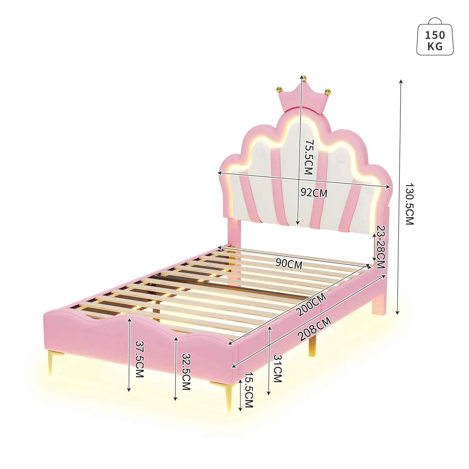 Comanlai Children's Bed  90x200cm with LED Light and Crown-shaped Headboard,Upholstered Bed with Slatted Frame,PU Leather,Pink