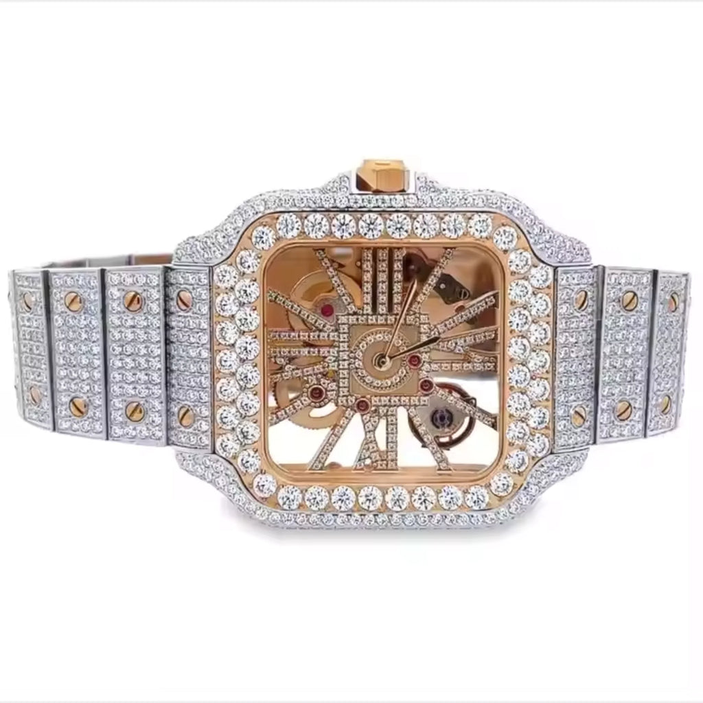 Men's Skeleton Dial Iced Moissanite ETA Quartz Movement Rose Gold Tone Diamond Studded Free Shipping Hip Hop Watch 41mm Diameter