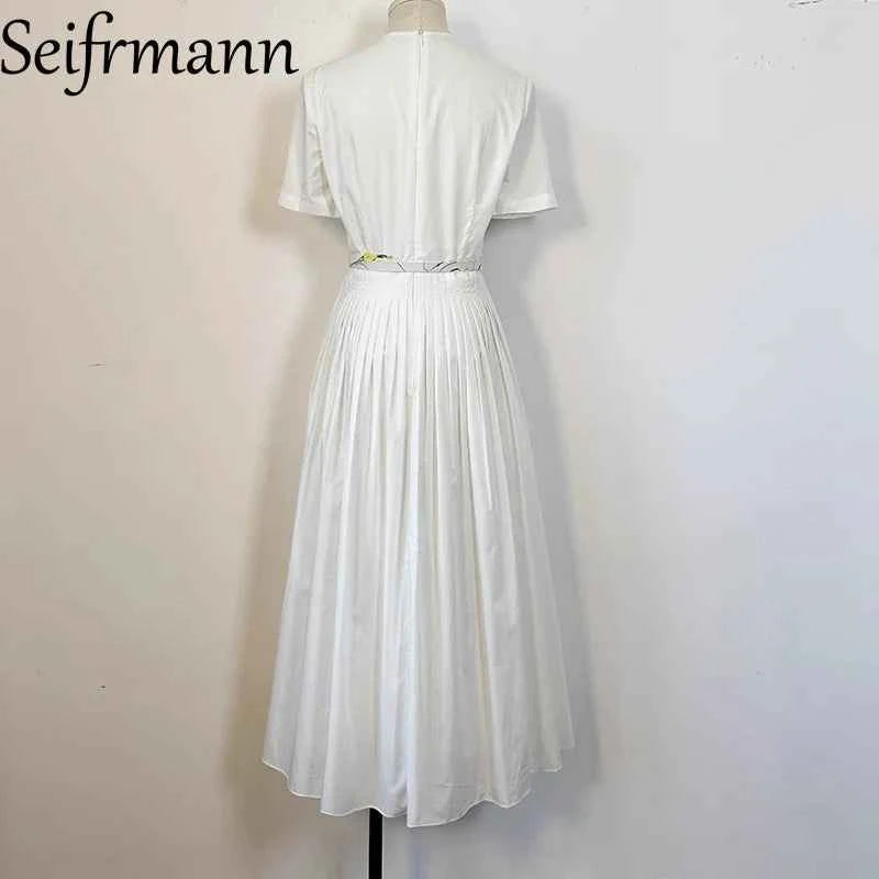 Seifrmann printed white background poplin dress 2025 autumn round neck short sleeved waist cinched long skirt belt dress