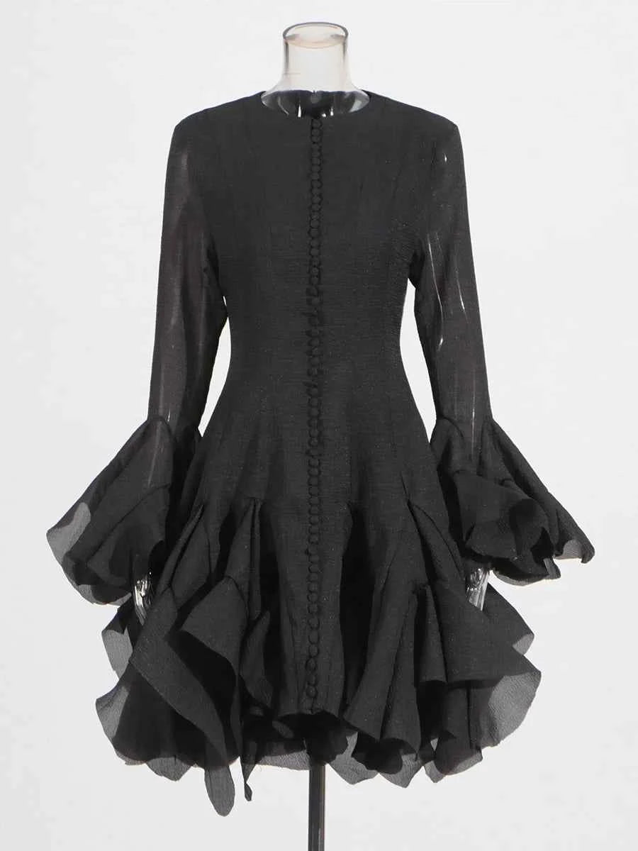 TWOTWINSTYLE Solid Spliced Button Slimming Dresses For Women O Neck Long Sleeve High Waist Patchwork Ruffles Female Fashion New