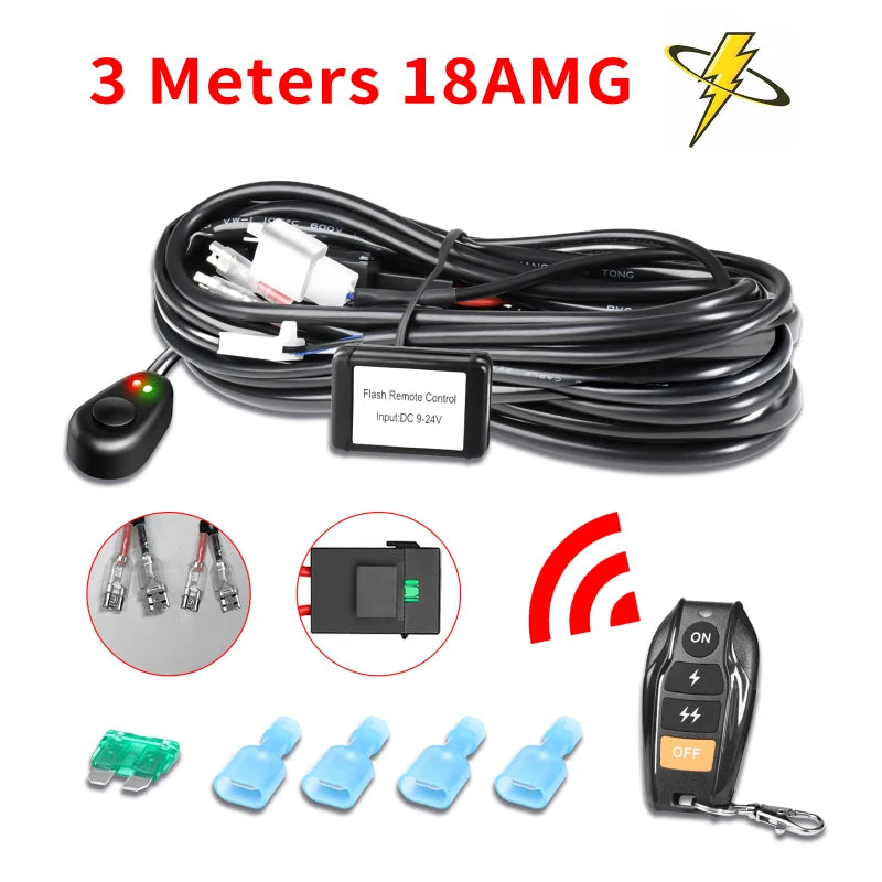 LED Light Bar Wiring Harness Kit 2 Leads Wireless Remote Control Wiring Harness Kit 18AWG Core Cable Wiring Harness Kit for Car