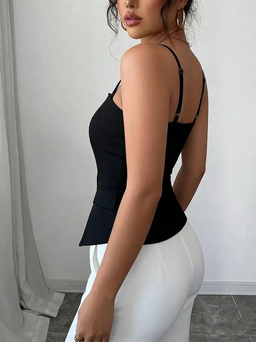 Women's Casual Tank Top Spring Summer Black Top Spaghetti Strap Sweetheart Neck Button Slim Fit Valentine's Day Elegant Sexy Top