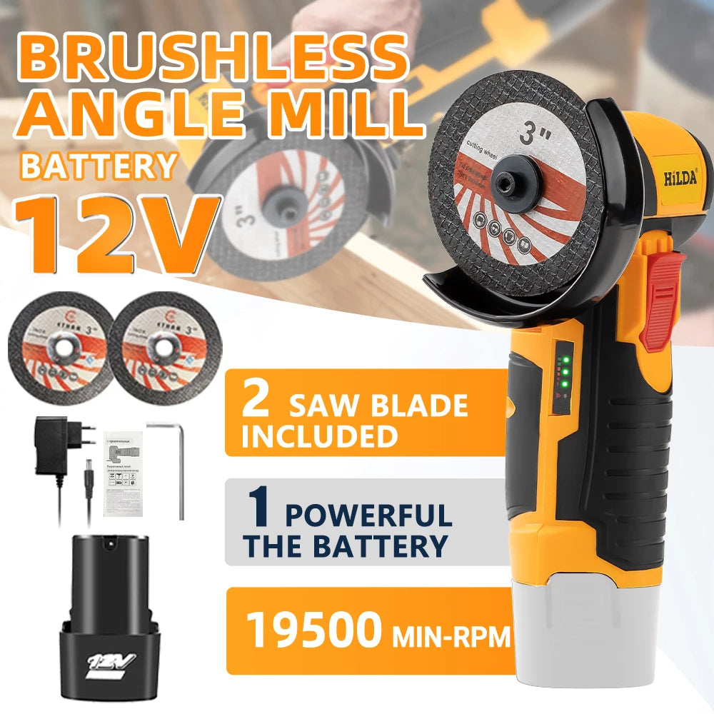 HILDA 3 inch 12V Miniature Rechargeable Angle Grinder with Battery Cutting Blade Polishing Grinder for Cutting Diamond Cordless