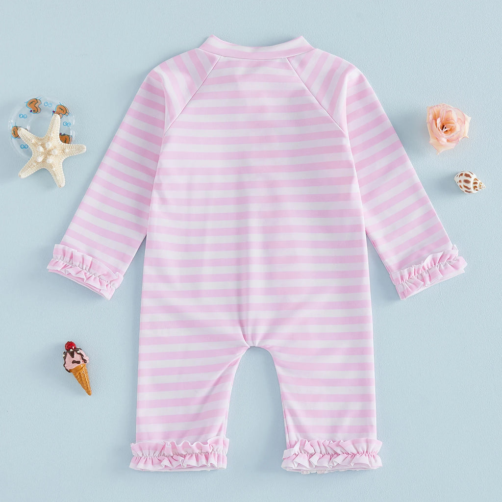 Toddler Baby Girl Summer Rash Guard Swimsuit Solid Color Print Long Sleeve Round Neck Romper Swimwear for Pool Beach