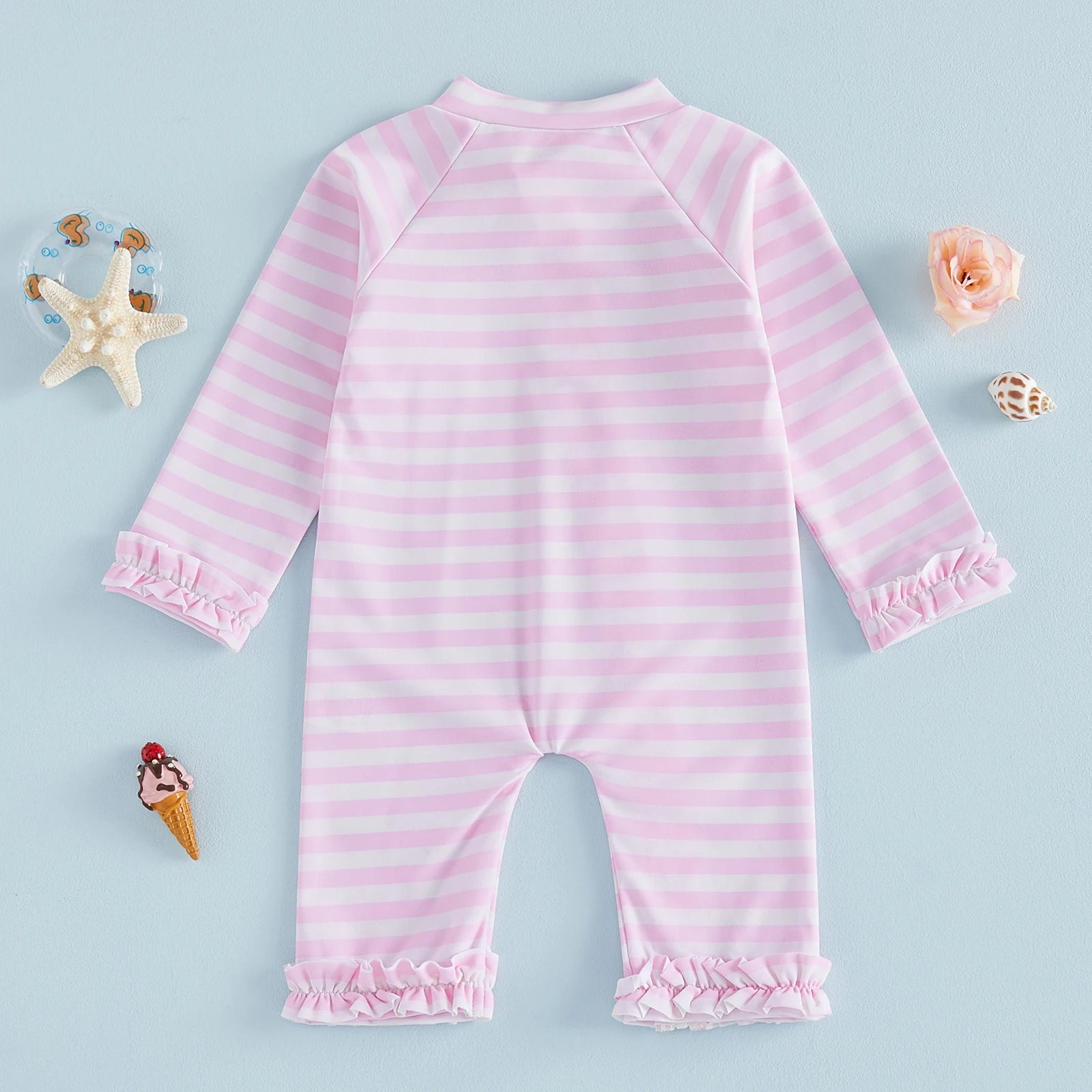 Toddler Baby Girl Summer Rash Guard Swimsuit Solid Color Print Long Sleeve Round Neck Romper Swimwear for Pool Beach
