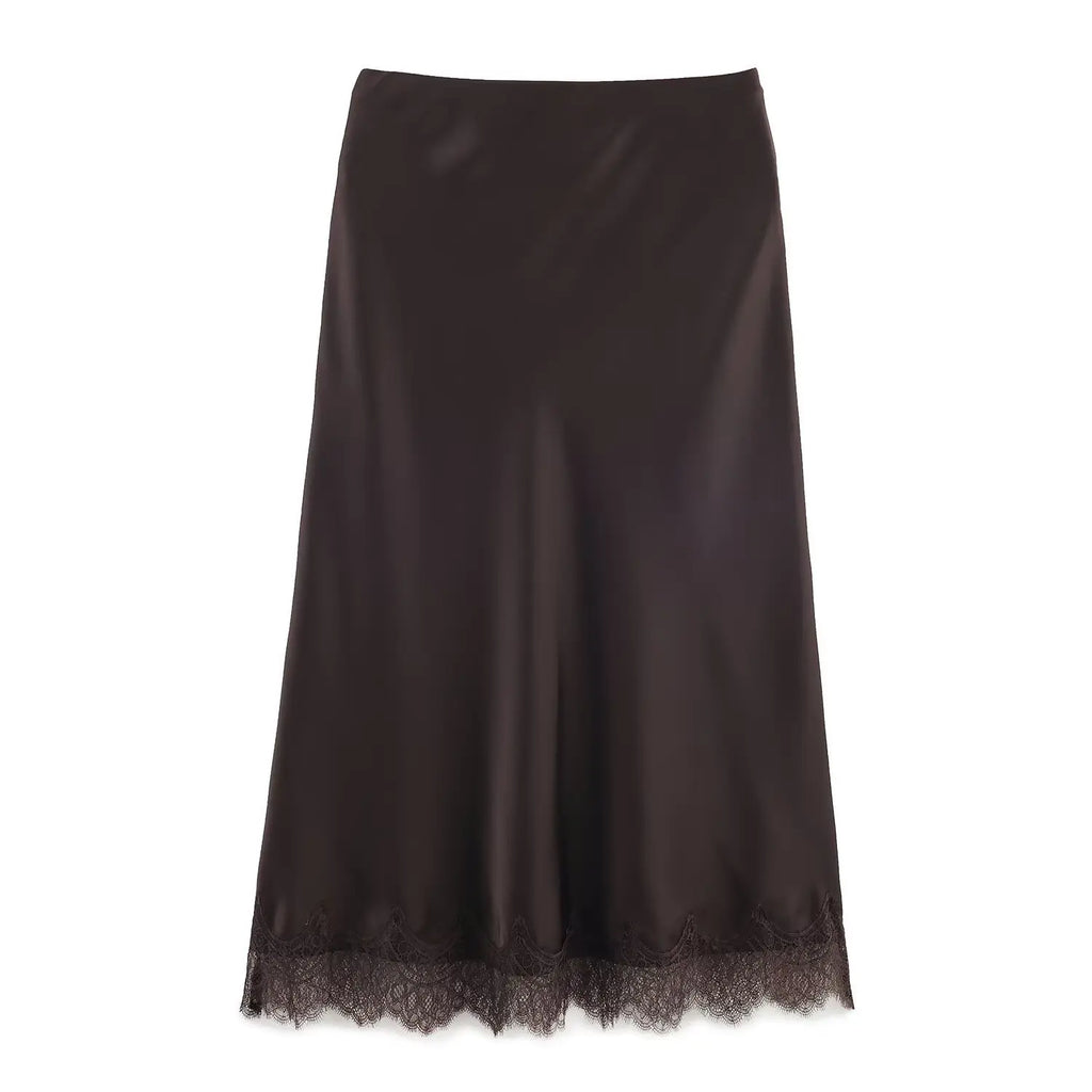 SAW Independent Station Sexy Lace Patchwork Satin Feel Mini Skirt Autumn Fashion Trendy Polyester Fiber Long A-Line Skirt
