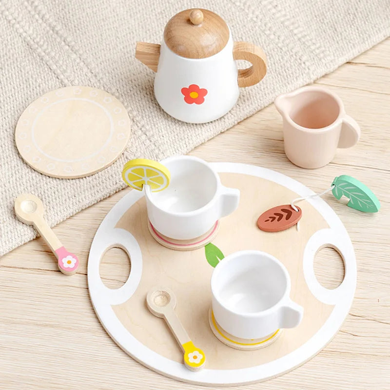Kids Pretend Play Toys Popular Kids Kitchen Toys Realistic Wooden Tea Set Party Toy Set Children's Simulation Tea Set Gifts