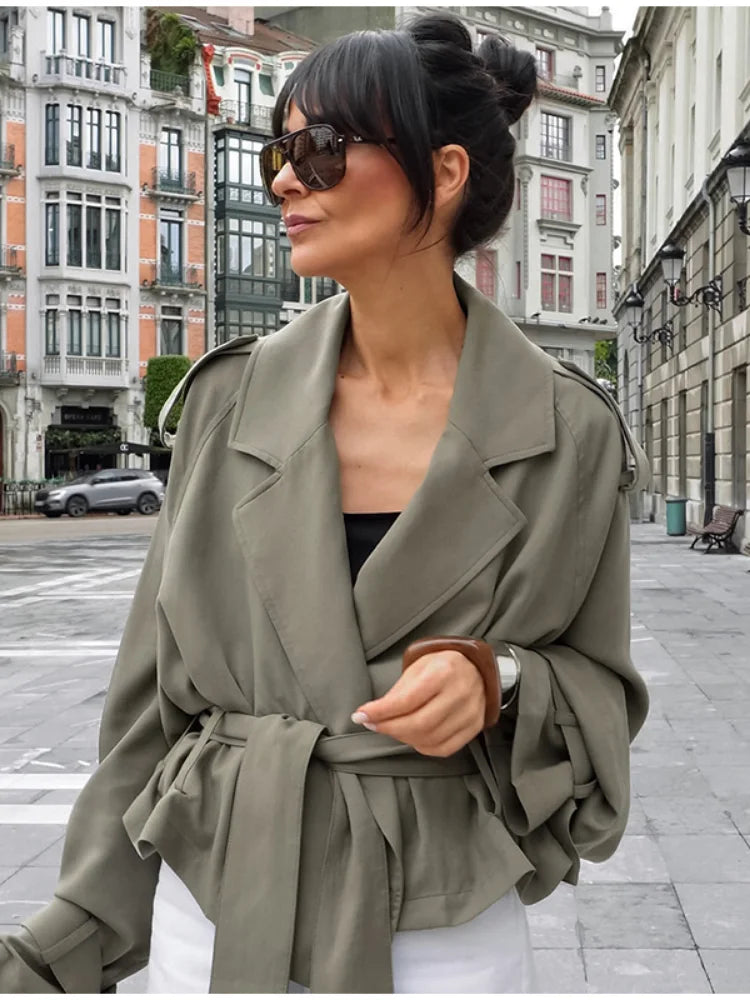 Cropped Lace-up Blue Casual Trench Coat Women Lapel Long Sleeve Wide Shoulder Windbreaker Jacket Fall Commute Daily Streetwear