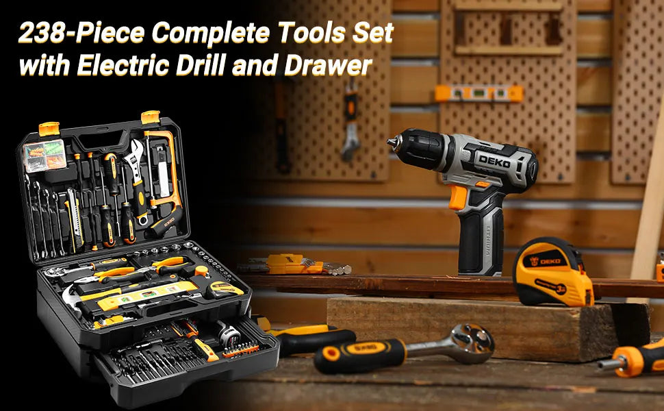 DEKO Home Mechanic Toolbox with 12V Power Cordless Drill Hand Repair Tools Sets Combo Kits Storage Organizer Drawer Case
