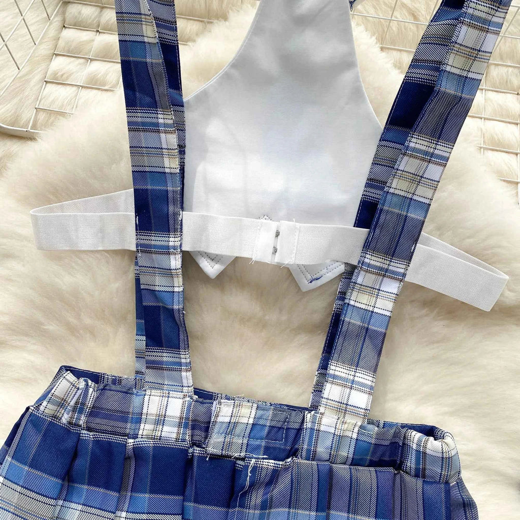 Girls Sexy Cute Japanese JK Uniform  Mini Checkered Strap Skirt Off Shoulder High Waist Elastic Cosplay Dress Hot Sweet Pajama