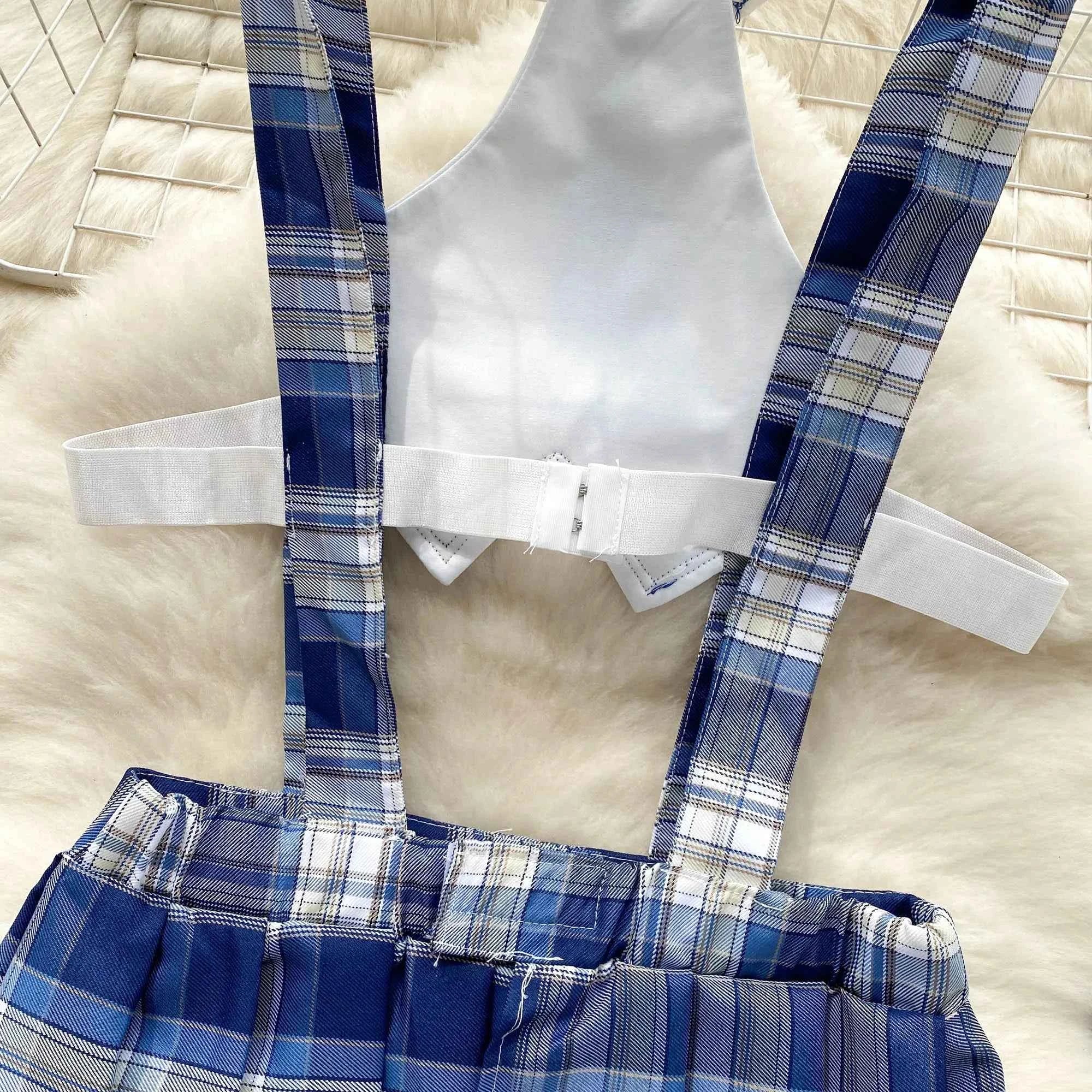 Girls Sexy Cute Japanese JK Uniform  Mini Checkered Strap Skirt Off Shoulder High Waist Elastic Cosplay Dress Hot Sweet Pajama