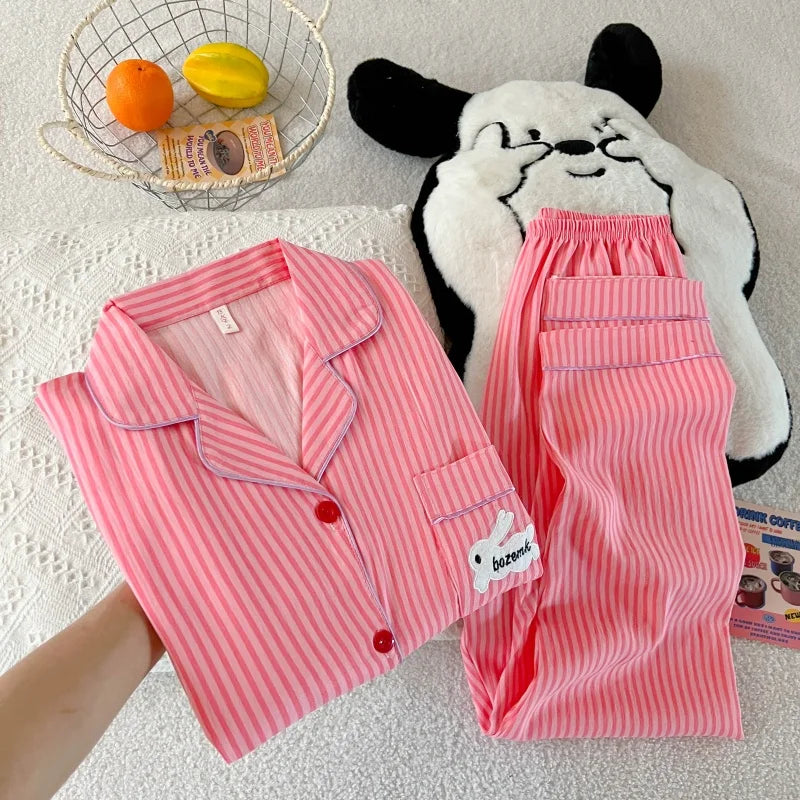 Embroidery Letter Pajamas Set Striped Rabbit Print Autumn Long Sleepwear Home Suit 2025 Lapel Neck New 2 Pcs Women's Pajamas