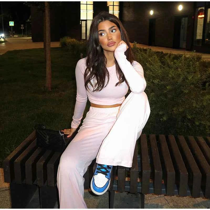 Women Top Pants Suit 2 Piece Sets Solid O-neck Long Sleeve Shirts Elastic Waist Trousers Female Outfits 2025 New Lady Tracksuit