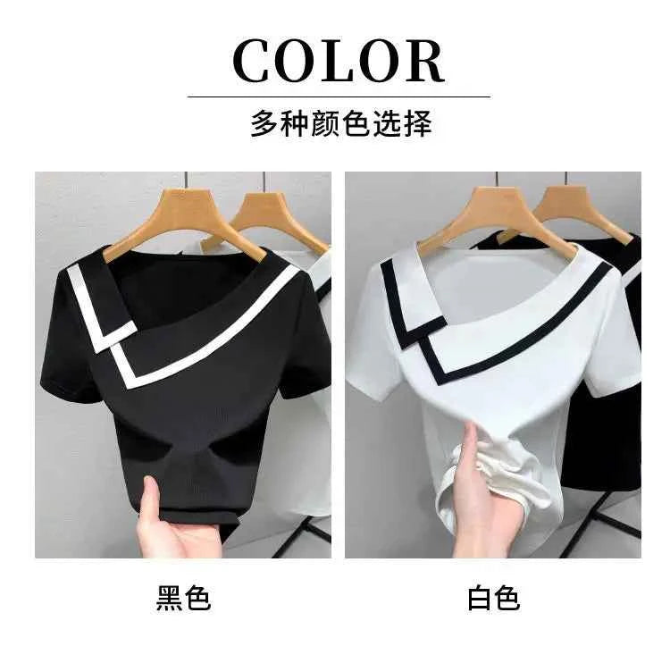 French Haute Couture Niche Design Black White Panelled Diagonal Neck Short Sleeved T-shirt Women's Patchwork Fashion Slim Top