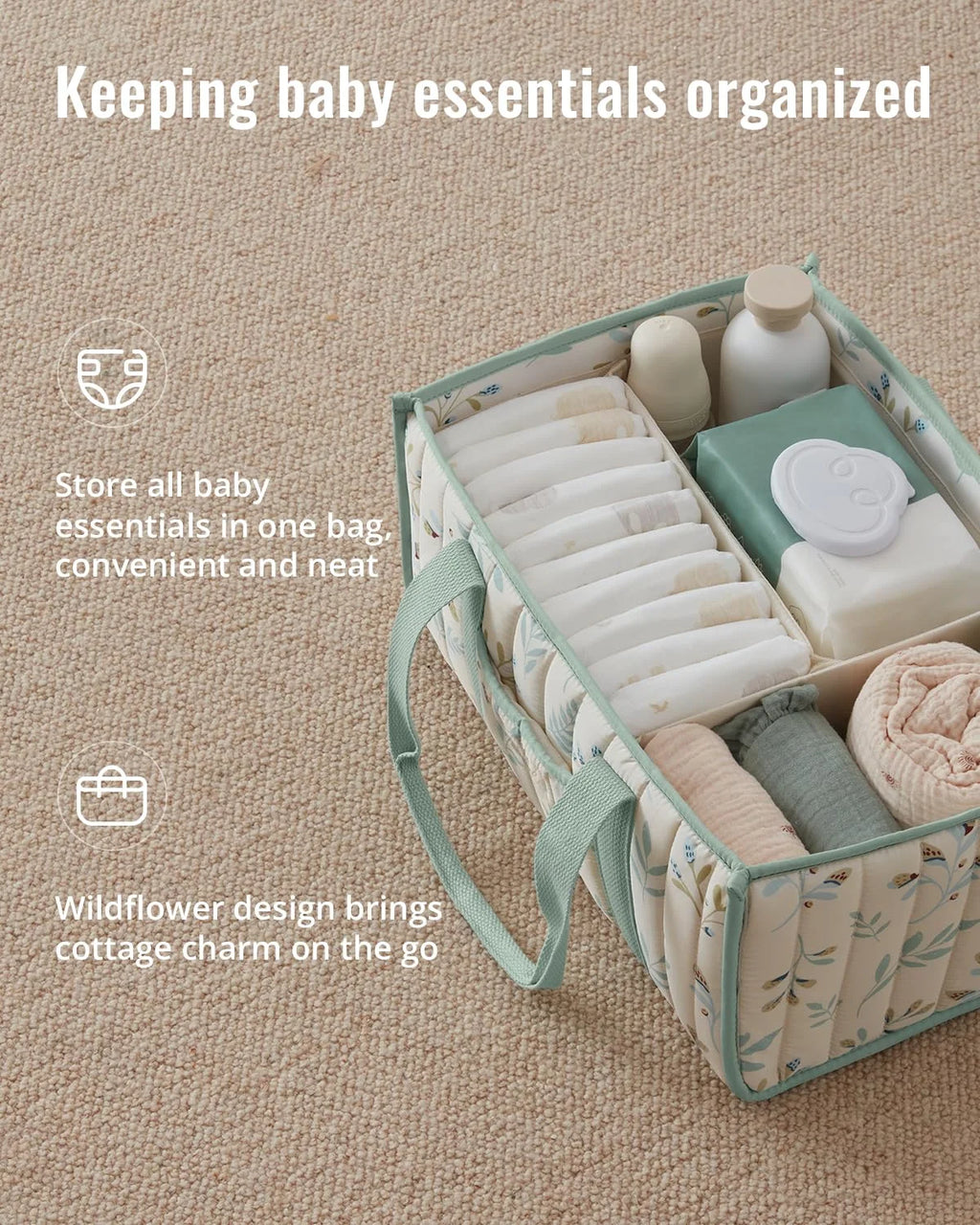Diaper Caddy Organizer, Stylish Nursery Storage Basket, Gift for Baby Shower, Newborn Essentials, Floral Beige