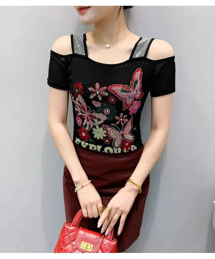 New Arrival Summer European Clothes Women's T-Shirts Chic Luxury Butterfly Hot Diamonds Tees Sexy Girl Slim Streetwear Tops