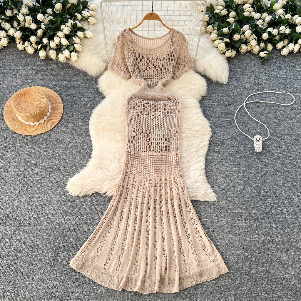 Women Hollow Knitted Dress Summer Flower Short Sleeved Fishtail Bodycon Dress with Camisole Dresses Vintage Party Long Robe