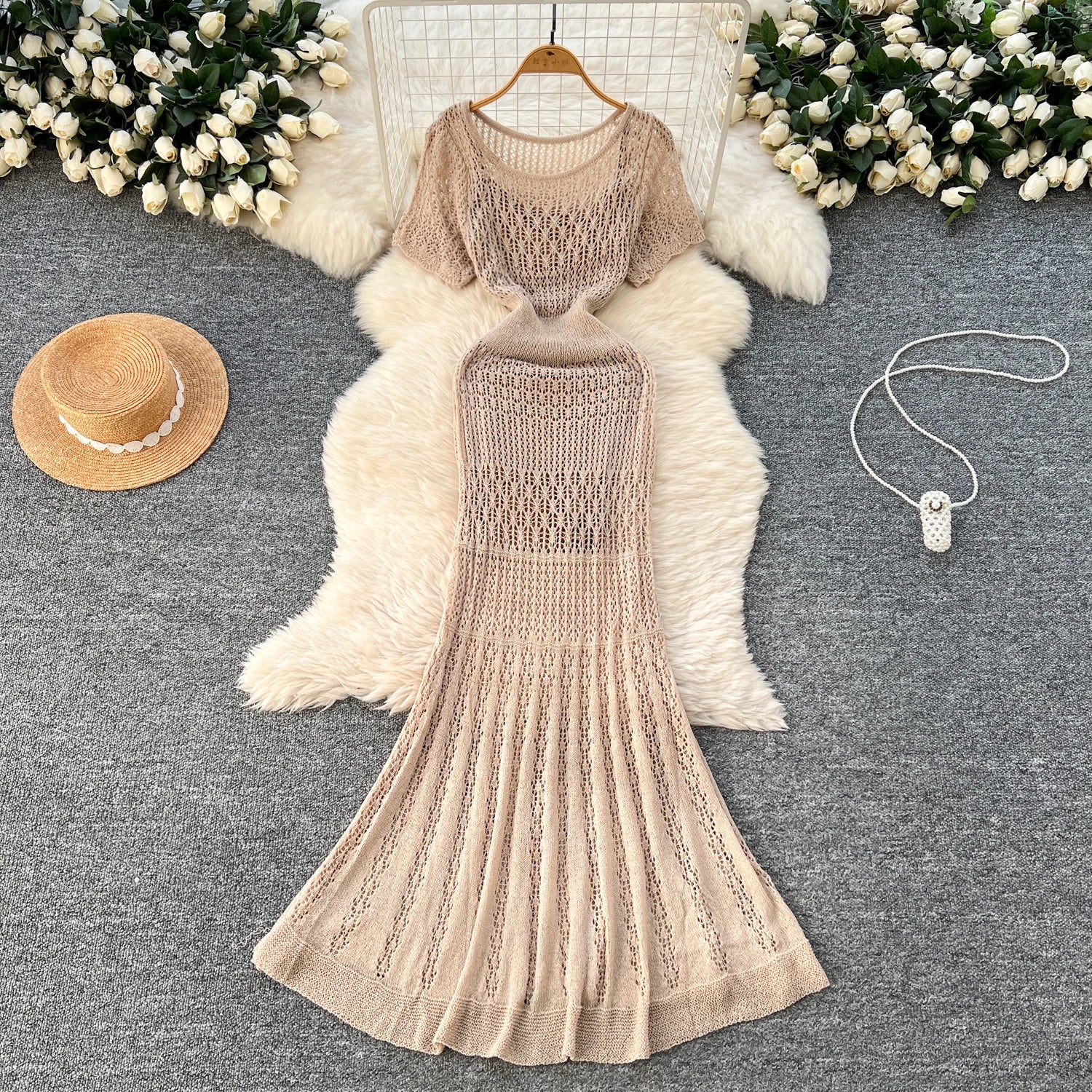 Women Hollow Knitted Dress Summer Flower Short Sleeved Fishtail Bodycon Dress with Camisole Dresses Vintage Party Long Robe