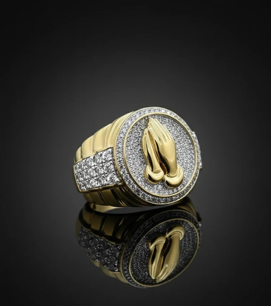 High on Demand Mens Iced Out Praying Ring 14K Gold 925 Silver VVS Moissanite Hip Hop Pinky Religious Statement Jewelry
