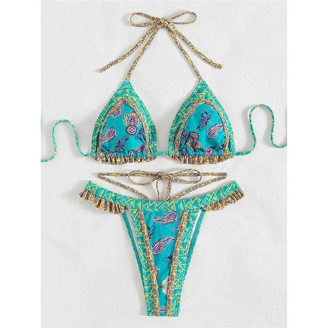 5 Colors Sexy Printed Halter Frilled Bikini Women Swimwear Female Swimsuit Two-pieces Bikini set Bather Bathing Suit Swim V4651