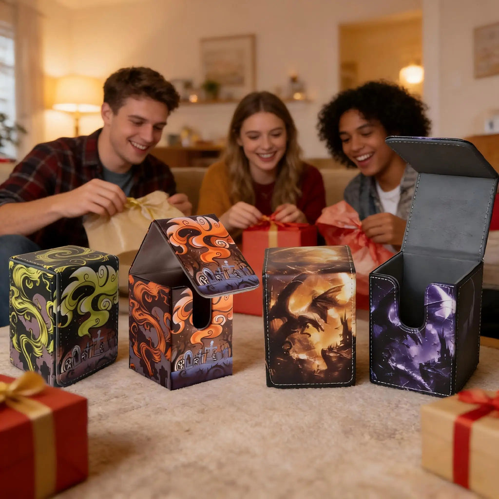 Premium Pu Leather Card Box Compatible with Mtg Cards - Can Hold More Than 100 Single Set Cards, Trading Card Storage Box Suitable for Tcg/Ptcg/Ygo Cards, Sports Card Holder with 2 Dividers, 4 Designs to Choose From, Card Org