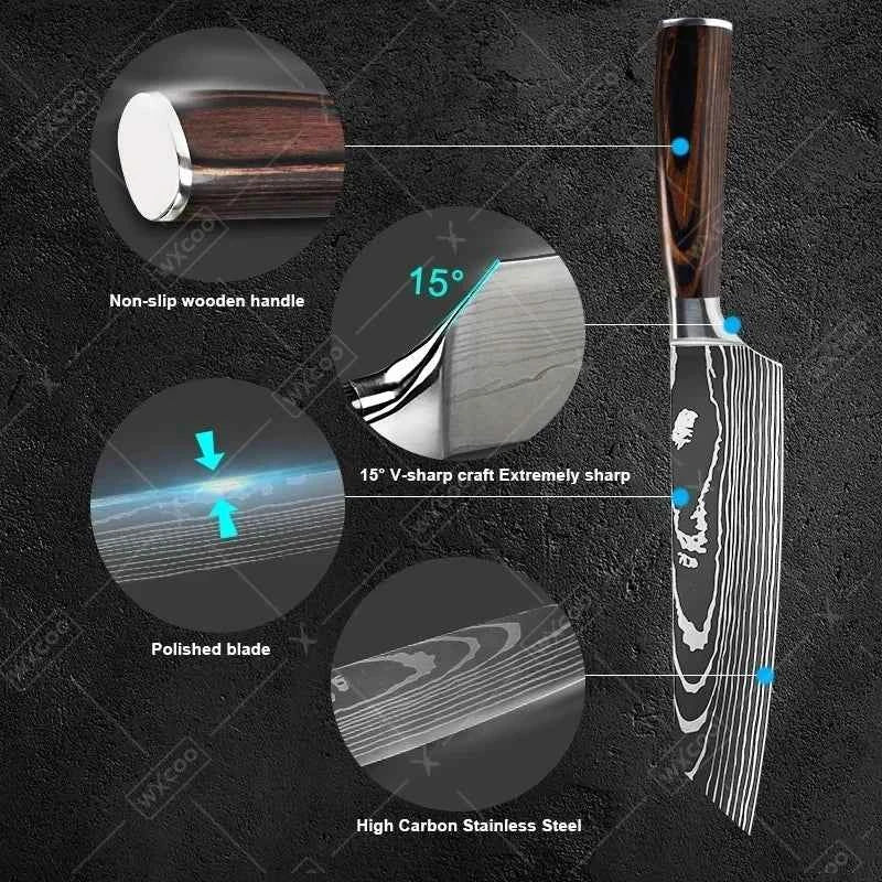 WXCOO Chef Knife Japanese Kitchen Knives Set Professional Laser Damascus Pattern Stainless Steel Meat Cleaver Slicer Knife