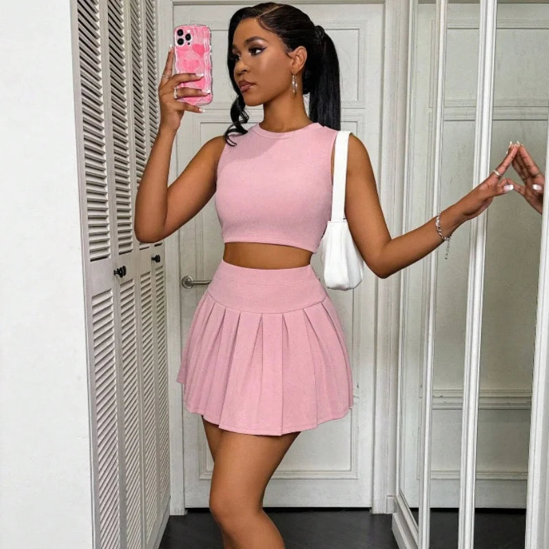 Women Summer Sleeveless Pleated Skirt Suits Slim Tank Tops High Waist Mini Skirts Fashion Sexy 2pcs Sets Lady Elegant Clothes