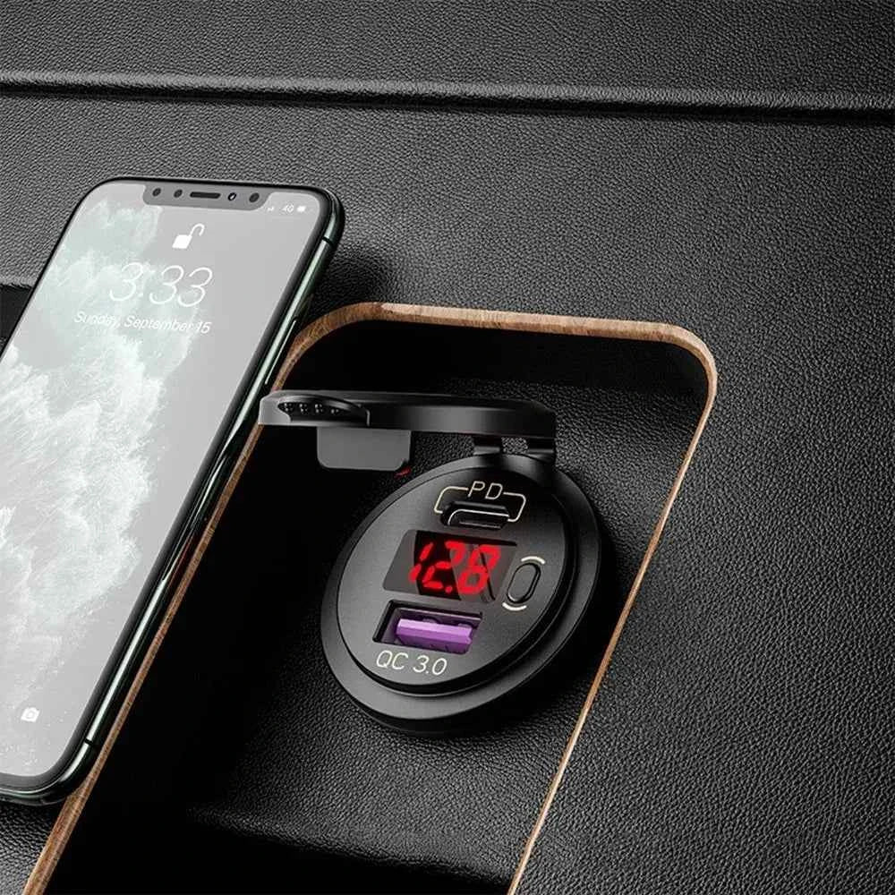 USB C Car Charger Socket 12V/24V Dual USB Socket PD3.0 and QC3.0 Car USB Port With LED Voltmeter and On/Off Switch