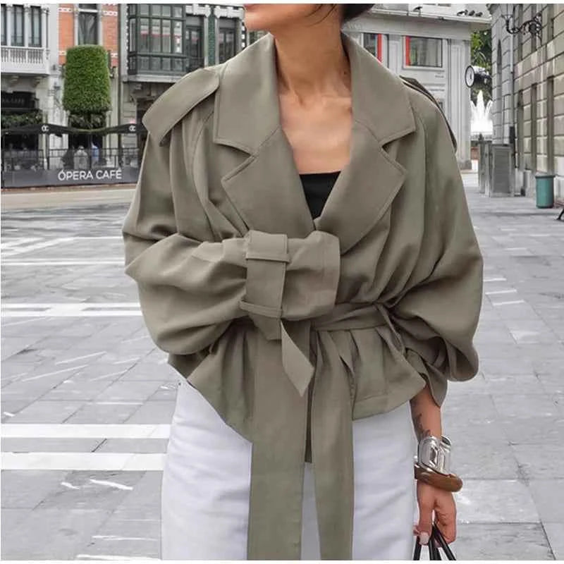 Cropped Lace-up Blue Casual Trench Coat Women Lapel Long Sleeve Wide Shoulder Windbreaker Jacket Fall Commute Daily Streetwear
