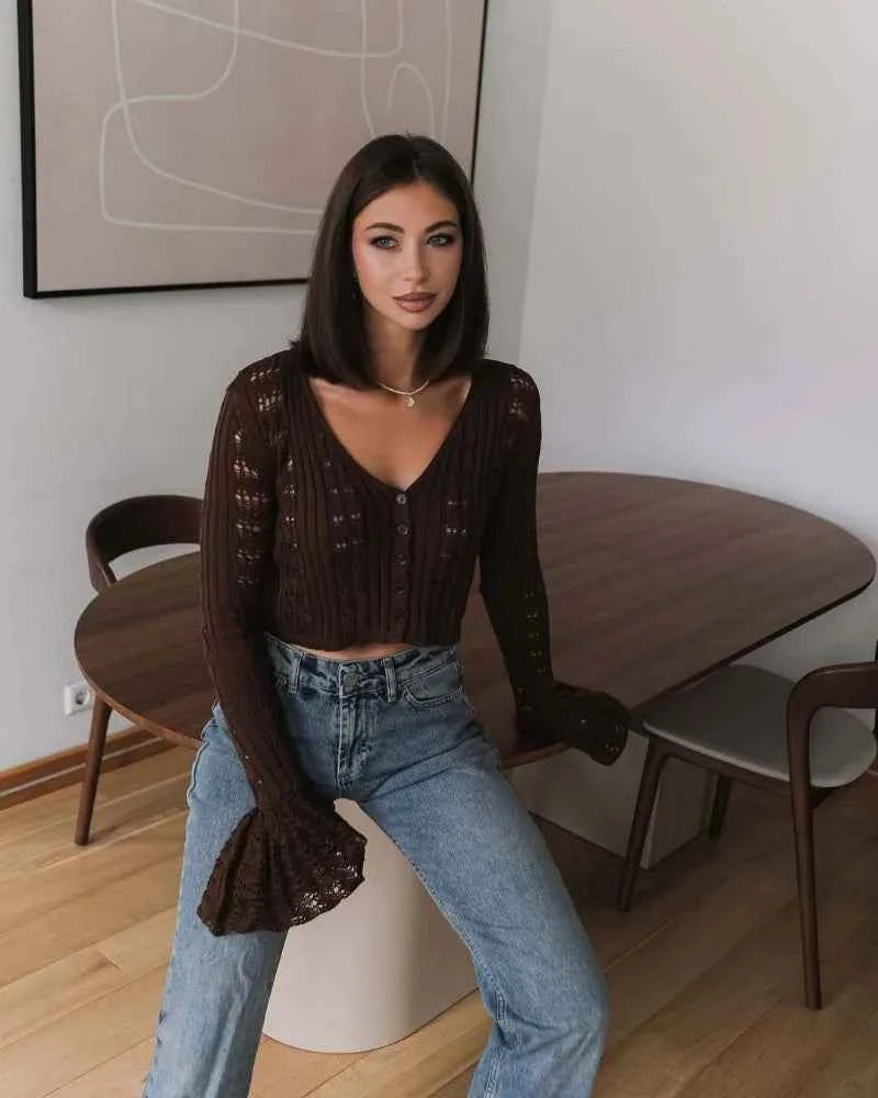 Trendix Summer Knit Long Sleeve Cardigan For Women V Neck Solid Bodycon Hollow Out Short Tops Party Club Slim Vacation Top Femme