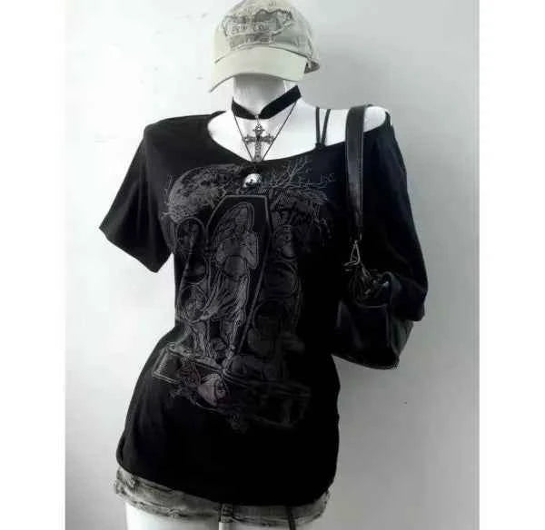 Vintage Gothic Prints Black T-Shirt Women Y2K Harajuku Fashion Punk Off-shoulder Sling Sexy Slim Summer Casual Trendy Top