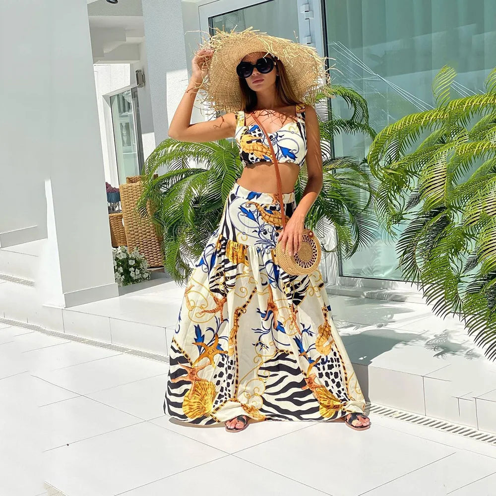 Bohemian Style Print Skirt Two Piece Set For Women Sexy Crop Camisole Casual Beach Holiday A-line Skirts 2 Piece Sets Female New