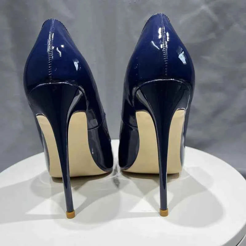 Tikicup Women Navy Blue Patent Pumps Low Cut Pointy Toe Stilettos Elegant Ladies Formal Slip On High Heels Fashion Dress Shoes