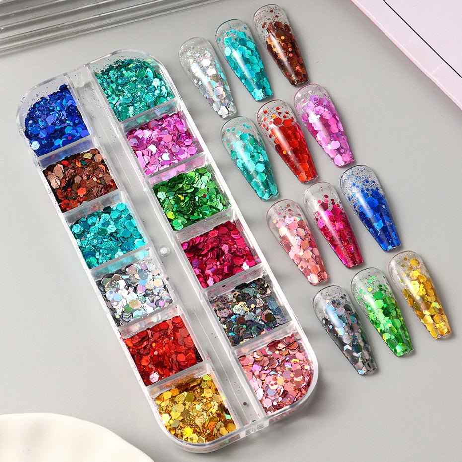 12 Colors Sparkly Holographic Nail Art Glitter Sequins Laser 3D Hexagon Flakes Nail Powder Makeup Nail Art Decorations Manicure