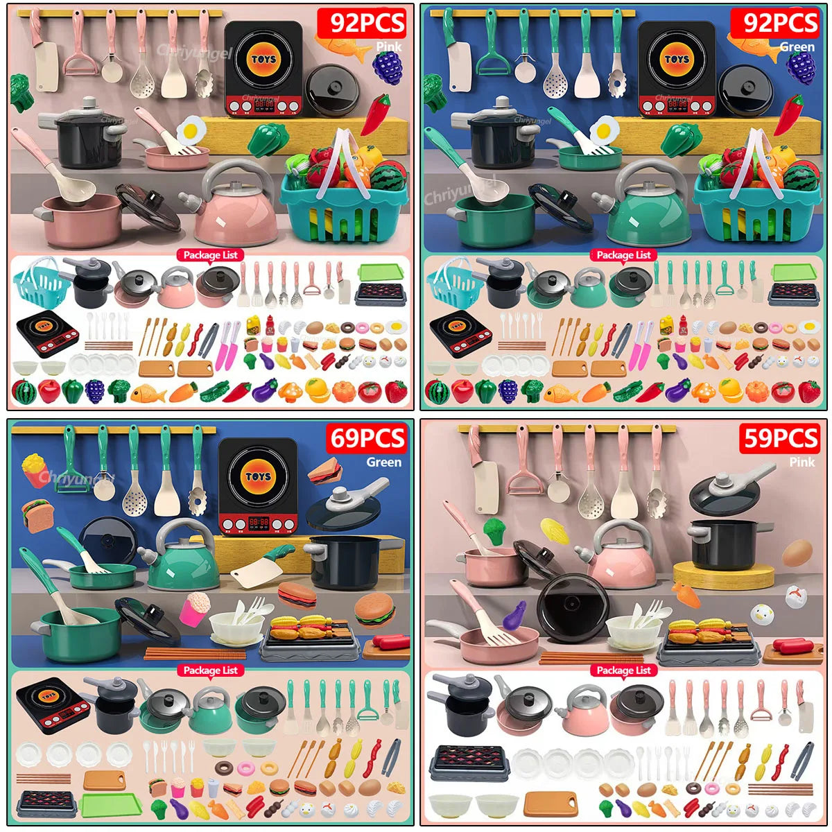 Kids Kitchen Toys Set 92/69/59 PCS Play Food with Pots Pans & Utensils Small Pretend Cooking Toys for Toddlers Girls Boys Gift