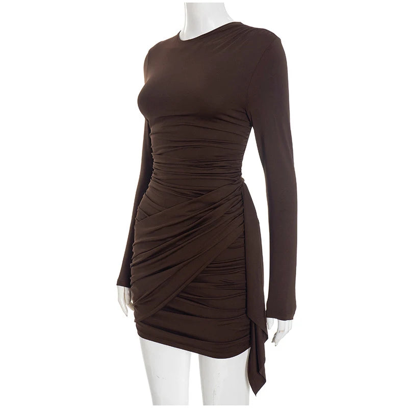 Casual Solid Pleated Bodycon Mini Dress Women Sexy Long Sleeve Waist-cinching Irregular Dresses 2026 Lady Chic Party Club Robe