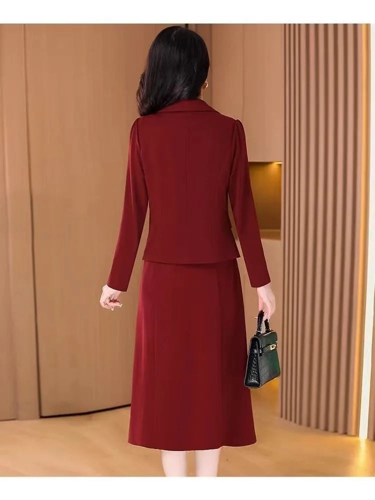 Fashionable Red Two-Piece Set Korean Japanese Style Women's Dress Suit Autumn Spring Lightweight Polyester Commute Style