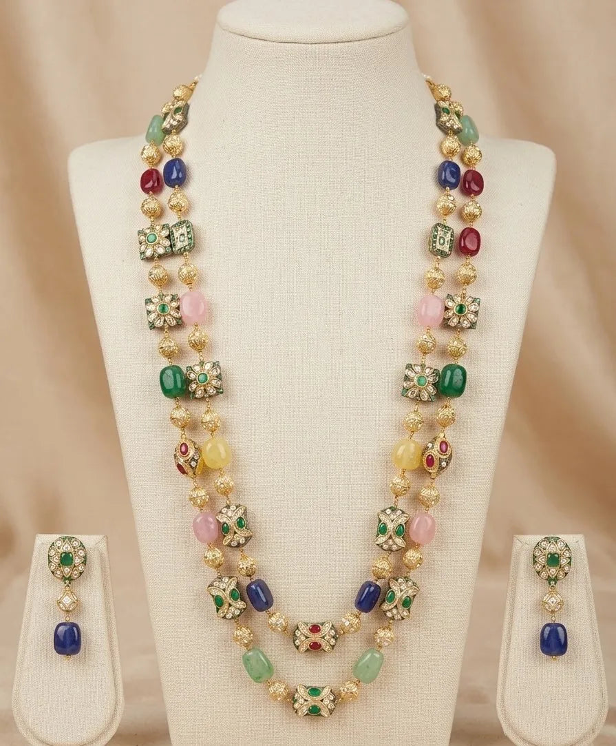 Luxury Multicolor Gemstone Long Necklace Earrings Bracelet Set Gold Plated Kundan Polki Beaded Statement Wedding Jewelry for