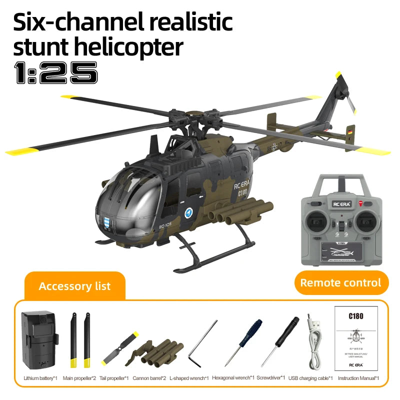 RC ERA C180 BO-105 2.4G 6CH Optical Flow Positioning TOF Altitude Hold Dual Brushless Motor 1:25 Scale Flybarless RC Helicopter