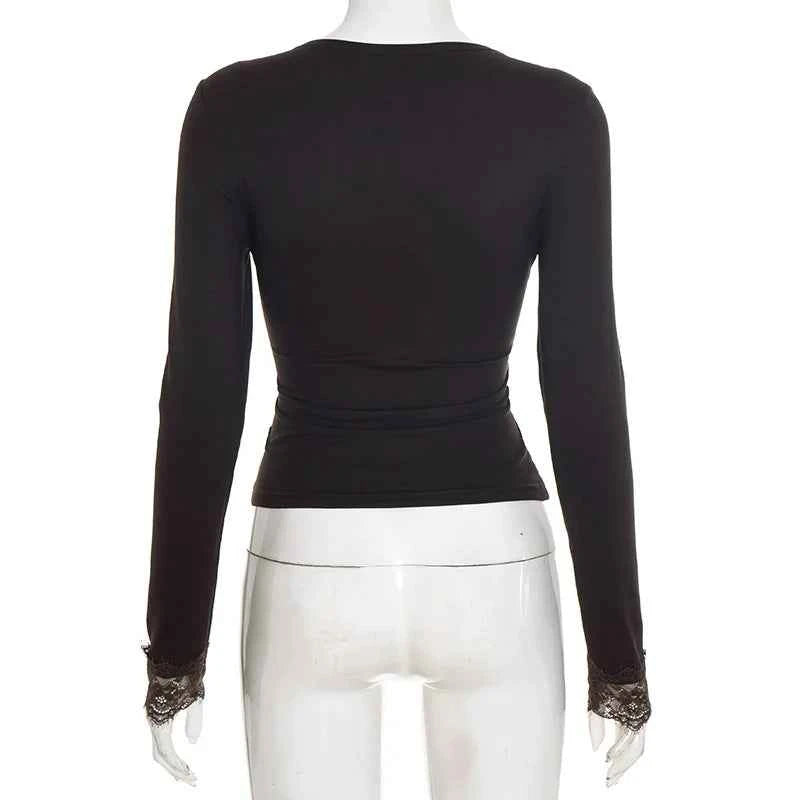 Women's V-neck Lace Splicing Top European American Style Autumn New Waist Exposed Umbilical Fashionable Casual Wear