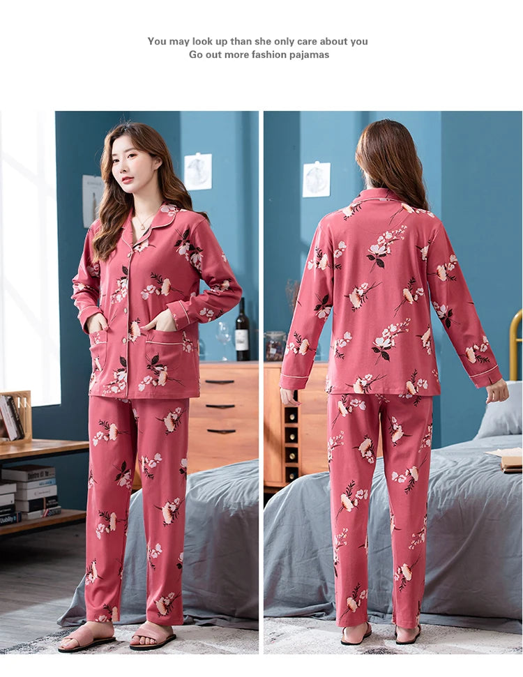 100% Pure Cotton Long Sleeve Sleepwear Set for Elderly Women Spring Summer Autumn Home Clothes Outwear Comfortable Home Suit